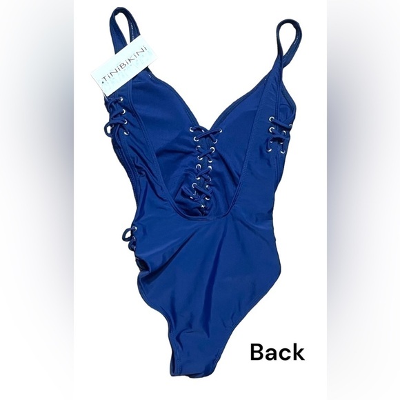 NWT TiniBikini Swimwear Blue Deep V Lace Up One Piece Swimsuit Size Small Sexy! - Picture 5 of 16